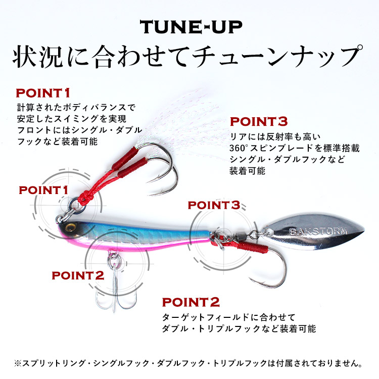 状況に合わせてチューンナップ。計算されたボディバランスで安定したスイミングを実現。リアには反射率も高い360°スピンブレードを標準搭載。ターゲットフィールドに合わせてダブル・トリプルフックなど装着可能。